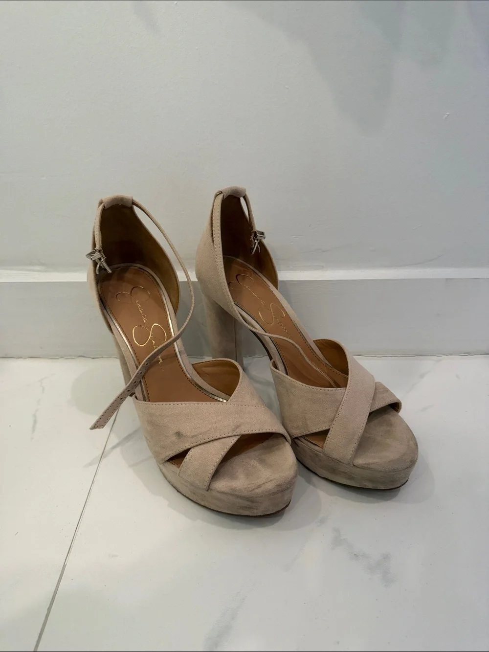 Jessica Simpson Suede Platform Ankle-Strap Heels in Beige